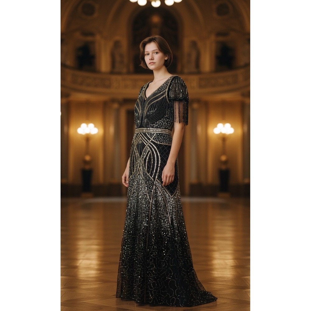 Babeyond Womens 1920s Gatsby Sequin Fringe Maxi Dress Black Gold Art Deco Large